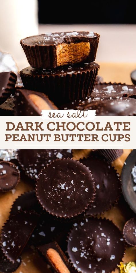 Make your own dark chocolate Reese's right at home with just a few simple ingredients. These healthy peanut butter cups are easy to make and use high quality ingredients. Made gluten free and vegan. Trader Joes Dark Chocolate Peanut Butter Cups, Reese’s Cups, Dark Chocolate Peanut Butter Cups, Healthy Reeses Cups, Dark Chocolate Snacks, Reese Cups, Healthy Protein Desserts, Vegan Peanut Butter Cups, Baking Healthy