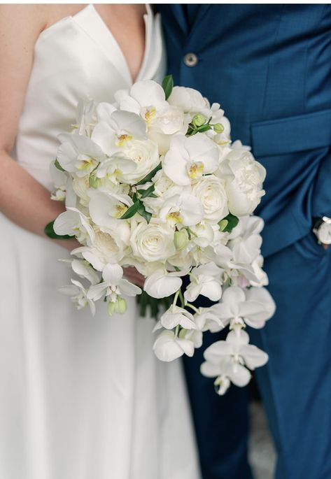 White Orchid and Rose Bridal Bouquet White Rose And Orchid Bridal Bouquet, Orchid Rose Bouquet Wedding, Rose And Orchid Bouquet, Bridal Bouquet Orchids, Orchid Bridal Bouquets, White Rose Bridal Bouquet, Heather Wedding, Orchid Bouquet Wedding, Teardrop Bouquet