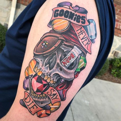 Tattoos By Cody Dresser on Instagram: ““GOONIES Never Say Die” One-Eyed Willy inspired tattoo I got to do today at @darkmarkgallery TAG A FRIEND who loves this movie! Done with…” Goonies Never Say Die Tattoo, Famous Movie Tattoos, Stand By Me Tattoo Ideas, 80s Movie Tattoos, Movie Inspired Tattoos, Goonies Tattoo, Gnarly Tattoos, Aurora Tattoo, Goonies Never Say Die