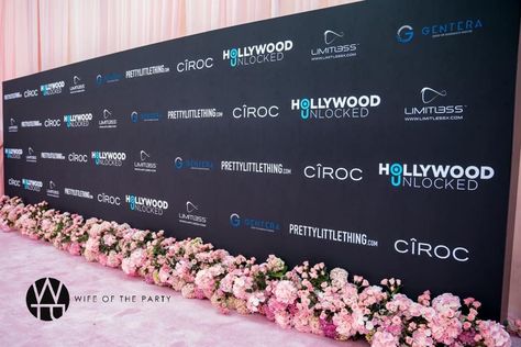 Wife Of The Party designed a 24 foot step and repeat for the Hollywood Unlocked Social Impact Brunch sponsored by PLT and Ciroc in West Hollywood alongside a pink carpet. #thewotp Step Repeat Backdrop, Floral Step And Repeat, Wedding Step And Repeat, Step And Repeat With Balloons, Inauguration Ideas, Launch Event Ideas, Ways To Market Your Business, Corporate Anniversary, Step And Repeat Backdrop