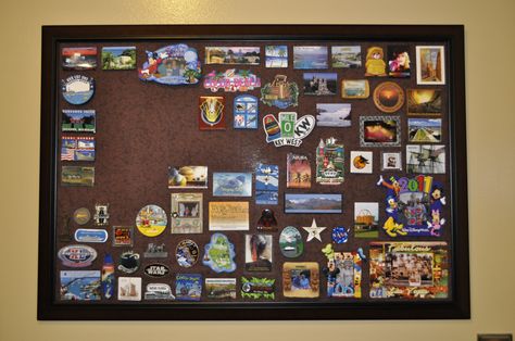 My magnetic travel magnetic board! Buy frame, insert metal bought in HVAC section of hardware store, apply fabric with spray adhesive! Easy and fun way to display magnetic collection! Souvenir Display, National Park Patches, Diy Magnets, Travel Crafts, Diy Display, Spray Adhesive, Magnetic Board, Hardware Store, Travel Memories