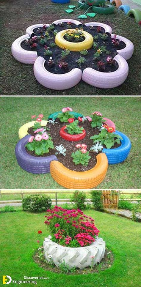 DIY Tire Planters That Will Catch Your Attention - Engineering Discoveries Round Garden Bed, Tire Garden, Landscaping Around Trees, Tire Planters, Round Garden, Container Gardening Flowers, Recycled Garden, Old Tires, Garden Yard Ideas