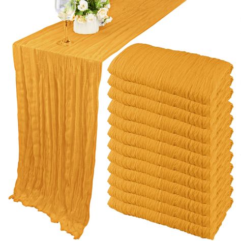 PRICES MAY VARY. Package Include: you will get 12 pieces 10ft length mustard cheesecloth table runner, enough quantity is suitable for wedding banquets and various parties, the size of each table runner is approximately 35 x 120 inches / 90 x 300 cm, which is large enough to cover rectangle and round tables, can also be spliced together for long tables. Even can be used for chair cover sashes or decorative napkins, backdrop draping or even gift wrapping. Soft and Durable Material: Made of high q Fall Outdoor Party Decor, Here Comes The Son Table Decor, Sun Centerpieces, Sun Table Decor, Fall Outdoor Party, Boho Wedding Table Runner, Backdrop Draping, Gauze Table Runner, Here Comes The Son