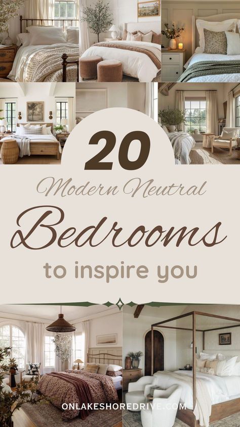 In this post I want to show 20 modern neutral bedroom ideas that are classic and timeless! Get inspired for you own bedroom design! Master Bedrooms Natural Decor, Serene Master Bedrooms, Modern European Farmhouse Bedroom, Master Bed Ideas King, Timeless Bedroom Furniture, Neutral Feminine Bedroom, Master Bedrooms Decorating Ideas, Simple Elegant Bedroom Ideas, Cozy Master Bedrooms Decor Modern