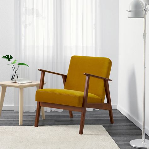 EKENÄSET Armchair - velvet yellow - IKEA Ireland Ikea Mcm, Ikea Yellow Chair, Ikea Yellow, Mcm Chair, Yellow Chair, Yellow Home Decor, Upholstered Armchair, Upholstery Foam, Stone Cottage