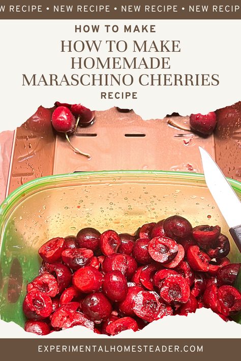 Learn how easy it is to make and can your own homemade maraschino cherries. Not only do these taste great, but they are easy to preserve too! #homemademaraschinocherries #maraschinocherries #maraschinocherryrecipes #maraschinocherries #maraschinocherry Diy Maraschino Cherries, Mari Chino Cherry Recipes, Homemade Maraschino Cherries, Marchino Cherry Recipes, Maraschino Cherry Recipes, Sweet Cherry Recipes, Maraschino Cherries Recipes, Creative Canning, Cherries Recipes