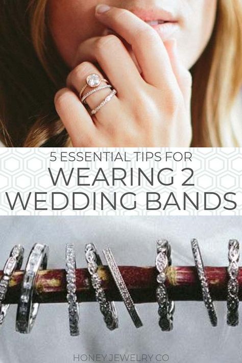 5 Essential Tips for Wearing Two Wedding Rings with an Engagement Ring. Wedding band tips and tricks. #wedding #jewelry #rings How To Stack Wedding Rings, Mismatched Wedding Bands, 2 Wedding Bands, Asymmetrical Engagement Ring, A Promise Ring, Thick Wedding Bands, Double Wedding Bands, Honey Jewelry, Dainty Wedding Band