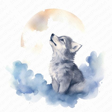 Wolf Watercolor Clipart, Nursery Decor, Wolf on Cloud, Cute Baby... Wolf Watercolor, Cute Wolf, Watercolor Wolf, Animal Parade, Wolf Painting, Baby Wolf, Watercolor Designs, Cute Animals Images, Child Friendly