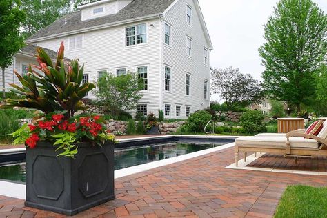 brick-patio-black-bottom-pool Red Brick Pool, Stone Around Pool, Brick Pool, Red Brick Pavers, Knock Out Roses, Pool Surround, Brick Paver Patio, Knockout Roses, Pavers Backyard