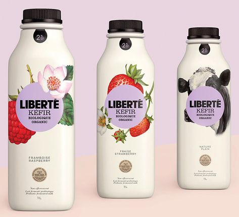 Liberté Organic Drinking Yogurt Packaging, Yogurt Drink Packaging, Yogurt Packaging Design, Label Minuman, Kefir Drink, Yogurt Brands, Dairy Packaging, Frozen Food Packaging, Yogurt Packaging