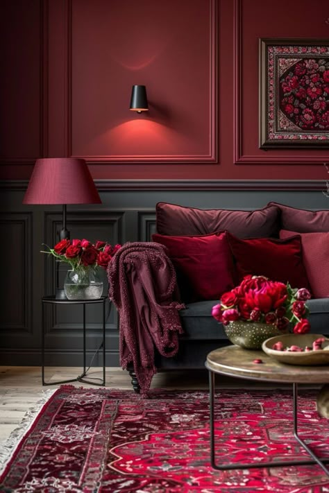 Opulent Dark Grey and Maroon Dark Wall Colors For Living Room, Maroon Walls Living Room, Maroon Living Room Ideas, Dark Grey Color Palette, Maroon Room, Maroon Living Room, Maroon Decor, Grey Couch Living Room Ideas, Burgundy Room