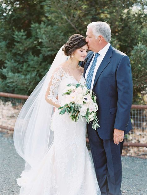 father of the bride wearing a navy blue suit with a blue printed tie Father Of The Bride Attire, Burgundy Wedding Dress, Father Of The Bride Outfit, Bride Suit, Classic Elegant Wedding, Bride Attire, Red Bouquet Wedding, San Luis Obispo Wedding, Bride Pictures