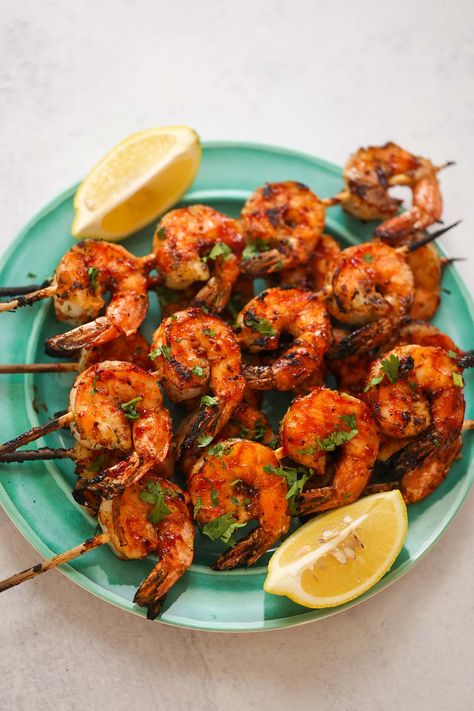 BBQ Grilled Shrimp Skewers Bbq Grilled Shrimp, Barbecued Shrimp Skewers, Barbequed Shrimp, Easy Grilled Shrimp Skewers, Bbq Shrimp Skewers, Shrimp And Steak Skewers Grill, Summer Barbecue Food, Buttery Rice, Chili Lime Shrimp