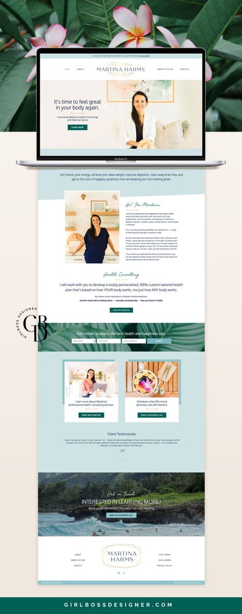 Blue And Green Website Design, Tropical Website Design, Consulting Website Design Inspiration, Blue Website Design, Bright Graphic Design, Wellness Website Design, Consultant Branding, Health Coach Website, Health Consultant