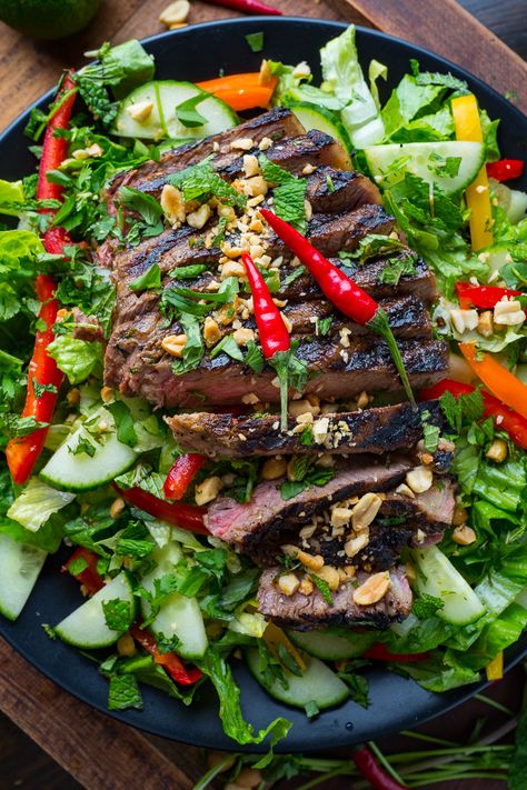 Thai Grilled Steak Salad Thai Mat, Grilled Steak Salad, Beef Tartare, Peanut Salad, Fried Goat Cheese, Pear Salad, Beef Salad, Asian Salad, Fish Salad