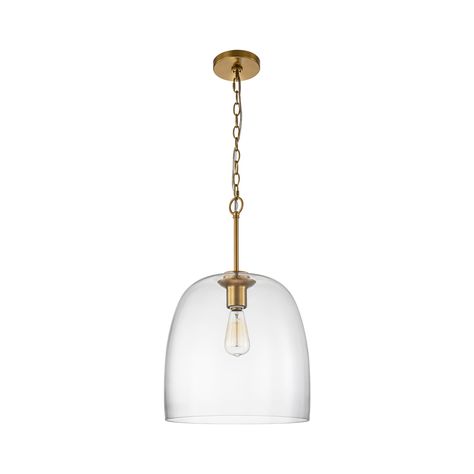 1-Light Golden Metal Curved Dome Bell-Shape Clear Glass Pendant Light - 14.5 in. W x 22.4 in. H - Bed Bath & Beyond - 39004360 Clear Glass Pendant Light, Angled Ceiling, Romantic Ambiance, Industrial Style Decor, Gold Pendant Lighting, Kitchen Island Pendant, Glass Lampshade, Light Kitchen, Island Pendants