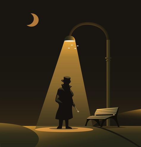 Sillhouette of Jack the ripper under street light at park in night. urban legend horror scene concept illustration vector Park In Night, Street Lamp Illustration, Street Light Illustration, Street Light Drawing, Nightmare Illustration, Horror Scene, Vector Cityscape, Lamp Tattoo, Factory Interior