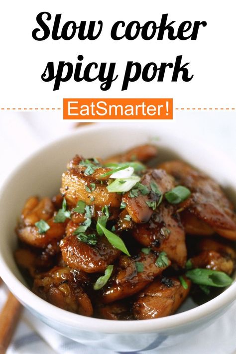 Protein-Power am Abend: Slow Cooker Spicy Pork - simple dish - A recipe idea by EAT SMARTER | Classic, Curry, Ragout, Ragout, Asian, North America, What to Cook Today?, Easy, Family, everyday meal, Home Cooking, Family friendly, Spicy, Sweet, Meat, Spices, Classic Sauce, Sweet Sauce, Dinner #pork #recipes Dinner Pork Recipes, Dinner Pork, Pork Stock, Pork Curry, Pork Fillet, Plum Sauce, Protein Power, Salad Spinner, Spicy Pork