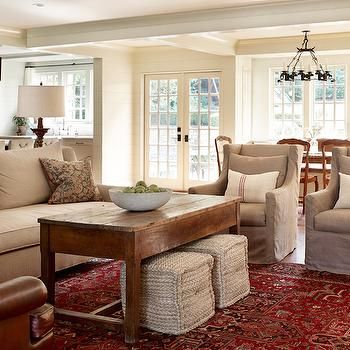 Color scheme with red/plaid accents. brown book shelves. white/cream/taupe sofas. thistle rug. Rustic Modern Farmhouse Living Room, Lake House Living Room, Transitional Living Room Design, Modern Farmhouse Living Room Decor, Modern Farmhouse Living, Living Room Red, Modern Farmhouse Living Room, Trendy Living Rooms, Country Living Room