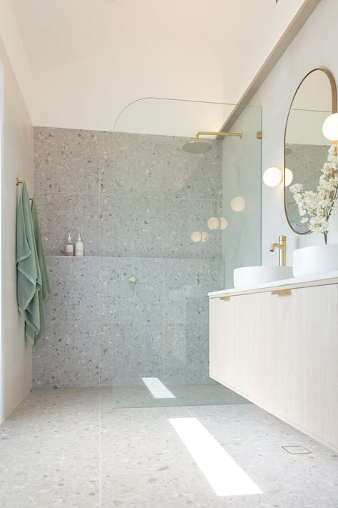 Another incredible space boasting ample room and natural light, built by @brazierbuildingdevelopments. Dolmix Light creates the perfect… | Instagram Terrazzo Shower Walls, Terrazzo Bathroom Wall Tiles, Ensuite Bathroom Ideas Terrazzo, Bathroom Terrazzo Floor Tiles, Terrazzo And Blue Bathroom, Shower Feature Tile, Bathroom Tiles Terrazzo, Bathroom Same Floor And Wall Tiles, Light Terrazzo Bathroom