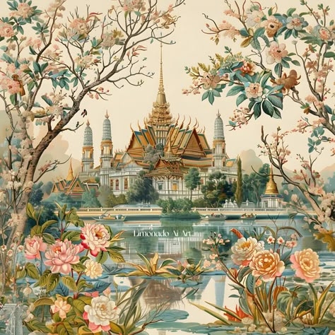 Thai Palace, Thai Architecture, Wedding Graphic Design, Themed Wedding Decorations, Feature Wall Design, Thailand Art, Motion Graphics Inspiration, Flower Sketches, Asian Design