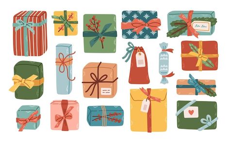 Christmas Box Illustration, Christmas Box Packaging Design, Christmas Gifts Illustration, Box Illustration Design, Christmas Presents Illustration, Christmas Gifts Drawing, Christmas Gift Box Design, Cozy Winter Illustration, Gift Box Drawing