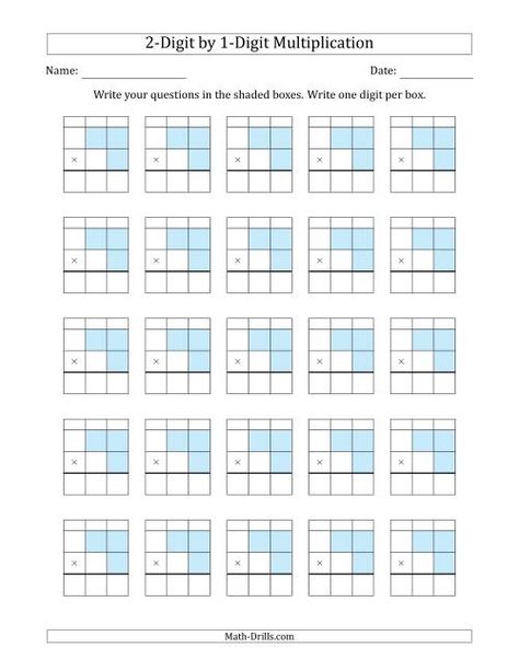 Long Multiplication Worksheets, Box Method Multiplication, Long Multiplication, Math Drills, School Boxes, Multiplication Worksheets, Math Methods, Grid Paper, Math Worksheet