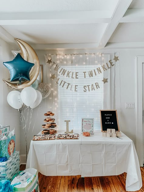 Pj Baby Shower Theme, Pajama Baby Shower Ideas, Twinkle Little Star Baby Shower Ideas, Moon And Stars Baby Shower Theme, Twinkle Twinkle Little Star Gender Party, Celestial Baby Shower Theme, Denim Baby Shower, Moon Baby Shower Theme, Moon Stars Baby Shower