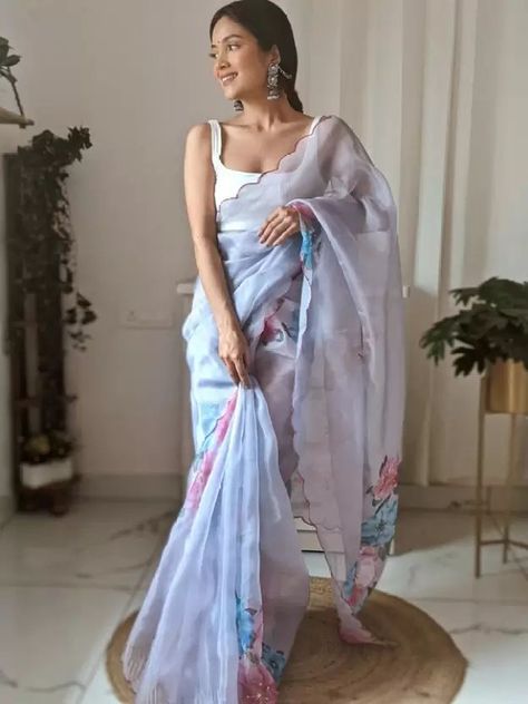 Digital Print Daily Wear Organza Saree (Light Blue) Designer Sarees Wedding, Saree Painting, Crepe Silk Sarees, White Saree, Wedding Saree Indian, Art Silk Sarees, Printed Saree, Wedding Saree, Stylish Sarees