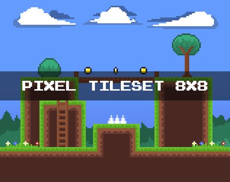 Details of  -tileset  -background with a size of 158x125  -sprite bushes  -sprite trees  -sprite spike  -sprite bridge  -sprite ladder  -animation of a coin  You can also use the product commercially. Pixel Tileset, Tile