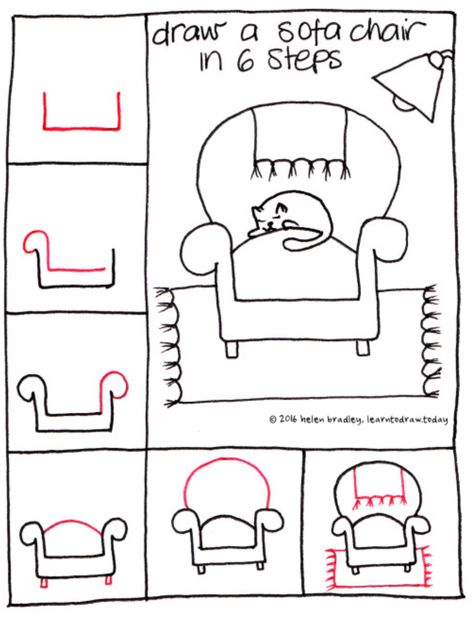 How To Draw Sofa Step By Step, Cat On Couch Drawing, How To Draw Chairs Step By Step, Couch Drawing Easy, How To Draw A Sofa, How To Draw A Couch, How To Draw A Chair, Couch Doodle, Draw A Chair