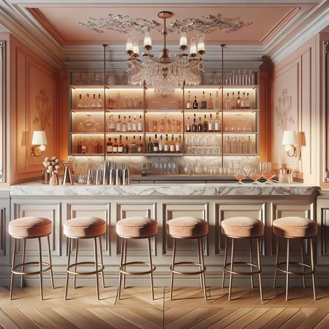 Discover charming and elegant Coquette bar decor ideas to transform your space into a chic, inviting destination. From delicate color palettes to vintage accents, find inspiration to create a bar atmosphere that exudes style and sophistication. 🌸🌺 #sipthestyle #coquettebar #coquettedecor #bardecor Parisian Home Bar, Led Lights Bar Interior Design, Luxury Cocktail Bar, Bar Decor Ideas, Elegant Coquette, Wine Room Design, Bar Interior Design, Fresh Perspective, Bar Interior