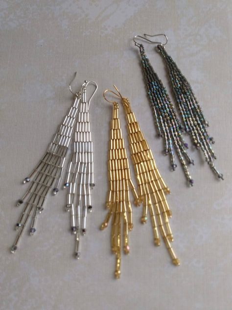 Dangling Dancing Daring Long Fringed Chandelier Earrings | Etsy Fringed Chandelier, Bugle Bead Earrings, Fringe Earrings Diy, How To Make A Chandelier, Beautiful Beaded Earring, Beaded Chandelier Earrings, Beaded Earrings Native, Earrings Dangling, Polymer Beads