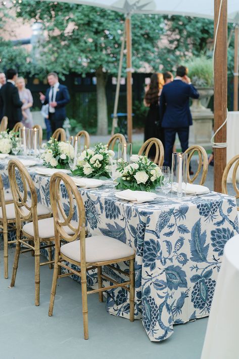 blue and white printed table linen | blue and white wedding reception | luxury wedding | linen rental | elegant wedding | outdoor reception | Stradley Davidson Linen: Hemingway Peacock Wedding Printed Tablecloth, Wedding Reception Table Cloth Ideas, Pattern Linen Wedding, Patterned Table Cloth Wedding, Pattern Table Cloth Wedding, Blue And White Tablescapes Wedding, Blue Table Linens Wedding, Blue Tablecloth Wedding, Blue And White Wedding Reception