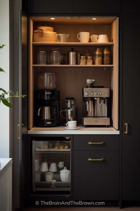 FREE Design List! I personally walk you through 12+ coffee bar ideas, pros & cons, and then how to create and organize your perfect kitchen coffee station! Coffee Bar Design Home Kitchen, Breakfast Cupboard Coffee Stations, Coffee Station Built In Cabinet, Coffee Bar In Home, Coffee Zone Kitchens, Kitchen For Office, Coffee And Toaster Station, Coffee Machine Station Kitchens, Small Kitchen Coffee Bar