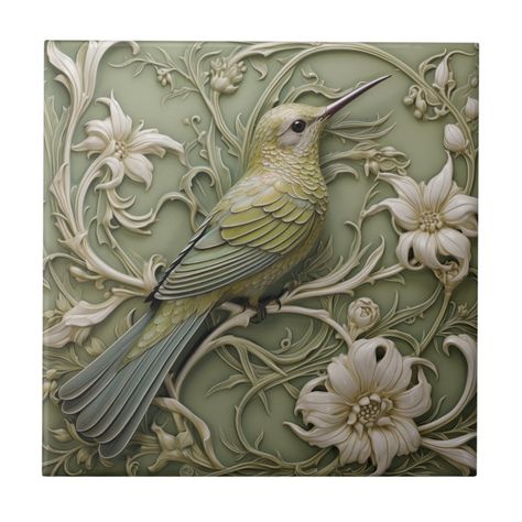 Art Tiles Ideas, Art Nouveau Wall Art, Relief Tiles Ceramics, Clay Tiles Designs, Green Fireplace Tile, Hummingbird Ceramic, Pottery Styles, Forest Apartment, Art Nouveau Bathroom