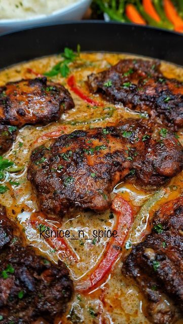 Kay on Instagram: "JERK CHICKEN IN A CREAMY COCONUT SAUCE, MASH POTATOES AND VEG🇯🇲🧨🔥💥❤️💯💃🏽😋. Juicy tender boneless Jerk chicken thigh fillets in the most irresistible creamy jerk coconut sauce. It's made up with a variety of bell peppers, creamy coconut sauce and Caribbean seasonings. Made with more traditional Jamaican ingredients. Perfect quick easy weeknight meal ready in 40 minutes. This is definitely MY NEW FAVE!! . . DM FOR MORE INFO TO GET MY DAILY RECIPES. . . #foodporn #food #f Jerk Chicken Sides, Creamy Coconut Sauce, Chicken Thigh Fillets, Jerk Recipe, Cream Sauce For Chicken, Mash Potatoes, Cream Sauce Recipes, Fried Chicken Breast, Coconut Sauce