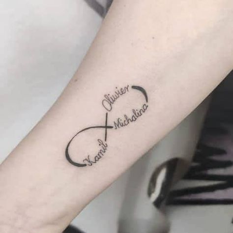 Names In One Bond 1 Infinity Tattoo With 3 Names, Multiple Name Tattoos For Women, 3 Kids Names Tattoos For Women, Infinity Tattoo With Kids Names, Infinity Tattoo For Men, Grandkids Tattoo Ideas, Sons Name Tattoos, Tattoos For Childrens Names, Small Tattoos With Meaning Quotes