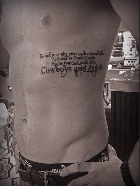 Cowboys and Angels. Bleeding Cowboy font tattoo. Country Guy Tattoos, Rib Tattoos For Guys Quotes, Country Style Tattoos For Men, Men’s Western Tattoos, Western Rib Tattoos, Western Tattoos Men, Western Tattoos For Men, Country Tattoos For Men, Country Tattoos For Guys