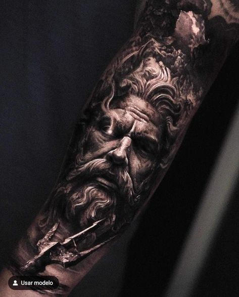 Stoic Tattoo Ideas, Hades Tattoo, Arm Tattoos For Guys Forearm, Warrior Tattoo Sleeve, Greek God Tattoo, 30 Tattoo, Poseidon Tattoo, Zeus Tattoo, Black Art Tattoo