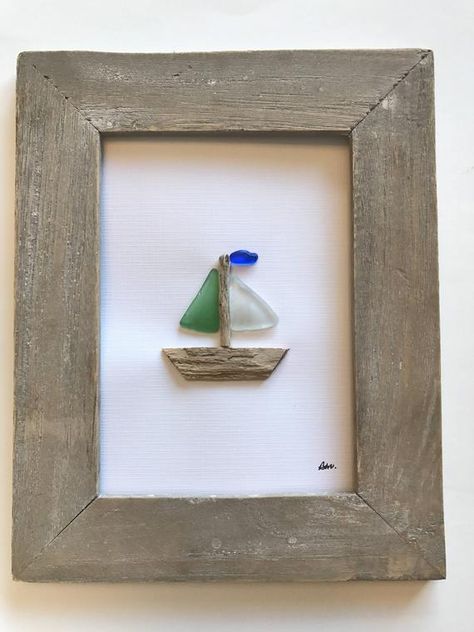 Sea Glass Sailboat Unframed 5 by 7 Sea Glass Art Picture / | Etsy Sea Glass Diy, Sea Glass Art Diy, Stone Pictures Pebble Art, Glass Boat, Sea Glass Art Projects, Seaglass Art, Beach Glass Crafts, Nautical Crafts, Glass Art Pictures