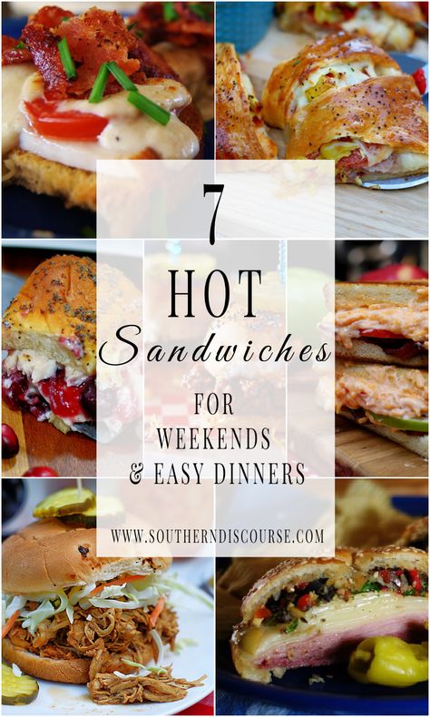 Dinner Ideas Sandwiches, List Of Dinner Ideas, Gourmet Sandwiches Recipes, Winter Sandwiches, Sandwich Recipes Dinner, Chicken Tortillas, Southern Discourse, Hot Sandwich Recipes, Tailgating Food