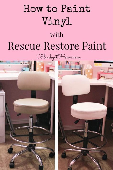 Painting A Vinyl Chair, Painting Vinyl Chairs Diy, Painting Vinyl Chairs, Painting Vinyl Furniture, How To Paint Vinyl Furniture, Paint Vinyl Chair, How To Make Chair Covers, Vinyl Chairs Makeover, Basement Salon