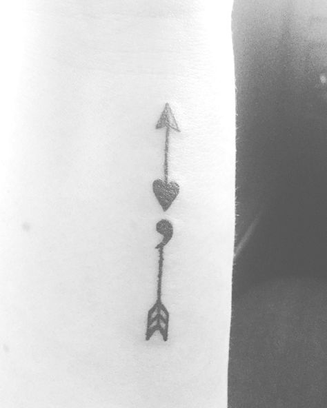 . #tattoo #handtattoo #tattoos Arrow And Semicolon Tattoo, Small Semicolon Tattoo Wrist, Arrow Semicolon Tattoo, Heart Semicolon Tattoo, Marie Tattoo, Aa Tattoos, Tattoo Arrow, Meaningful Wrist Tattoos, Semicolon Project