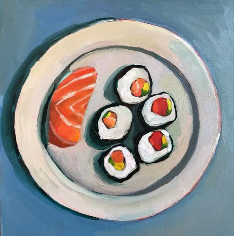 Plate Of Food Painting, Food Painting Canvas, Sushi Painting Acrylic, Food Gouache Painting, Sushi Art Drawing, Food Acrylic Painting, Food Painting Acrylic, Sushi Painting, Lunch Drawing