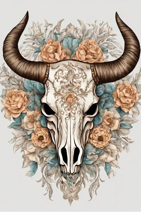 Country Back Tattoo Women, Cow Skull Painting Ideas On Canvas, Western Pictures, Western Sublimation Shirts, Cow Skull Tattoos, Tattoo Crane, Cow Skull Decor, Highland Cow Sublimation Designs, Sublimacion Ideas