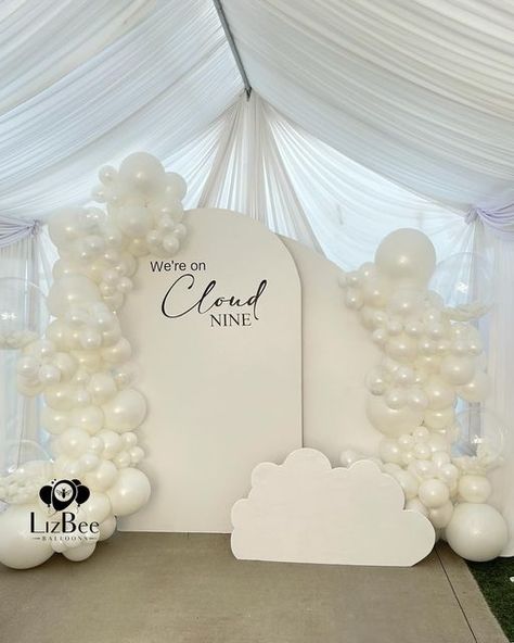 Cloud Box Gender Reveal, Cloud Nine Decorations, Cloud Nine Balloon Arch, Heaven On Earth Theme Party, Cloud Nine Gender Reveal, On Cloud 9 Gender Reveal, All White Baby Shower Theme, On Cloud 9 Baby Shower Theme, White Baby Shower Ideas