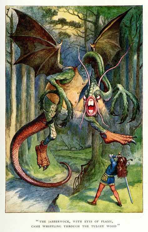 Vintage colour lithograph of The Jabberwock by John Tenniel (1820 - 1914) Source: The New York Times Jabberwocky Poem, Cheshire England, Monster Legends, John Tenniel, Ghost In The Machine, Alice's Adventures In Wonderland, Alice Madness, Wonderland Costumes, Alice In Wonderland Theme