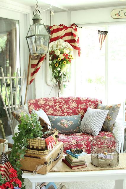 Colorful Cottage Interiors, Bedroom Window View, Americana Bedroom, Room Flags, Pretty Porches, Old Crock, Cottage Summer, Sun Rooms, Red Toile