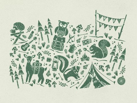 Spear Illustration, Campsite Illustration, Summer Camp Illustration, Camp Branding, Camp Illustration, Camp Festival, Camping Illustration, Camping Graphic, Woodcut Printing